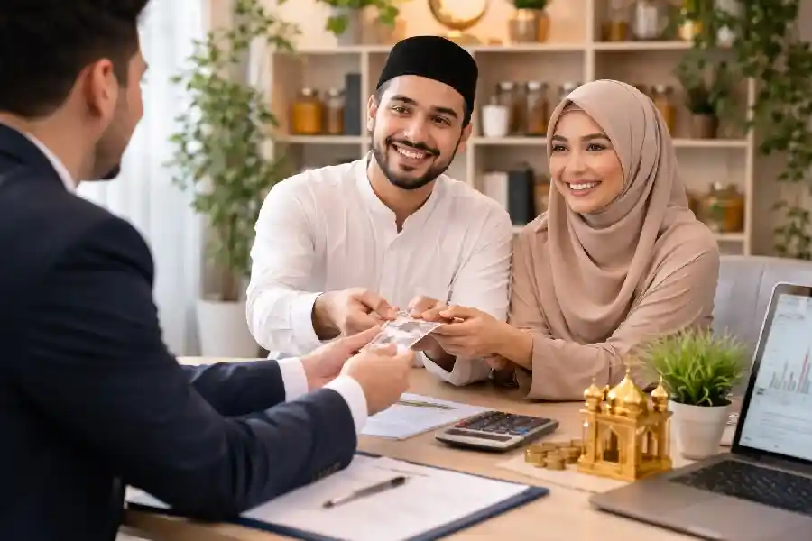 Industri Halal dan Keuangan Syariah Belum Terintegrasi, Indef Minta Pemerintah Beri Insentif Pembiayaan UMKM Foto: Ilustrasi sepasang keluarga muda bertransaksi di lembaga keuangan syariah. (Foto: Tutur)